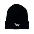 Gorro de punto negro clásico con bordado de perro blanco y diseño de punto acanalado - Negro