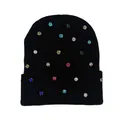 Gorro de punto negro para mujer con pedrería de colores y dobladillo para invierno - Talla única / Negro