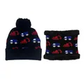Kids knitted hat and scarf set with excavator pattern and pom-pom in black - One Size / Black