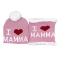 Set berretto e scaldacollo in maglia rosa per bambini con jacquard I Love MAMMA e pompon - Taglia unica / MAMMA Rosa