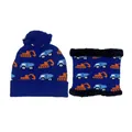 Kids navy knit hat and scarf set with excavator pattern and faux fur lining - One Size / Blue