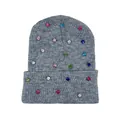 Detalle de gorro de punto gris con pedrería multicolor brillante en el borde doblado - Talla única / Gris Jaspeado