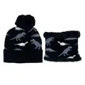 Set berretto in maglia con dinosauro nero e scaldacollo per bambini con pompon morbido - Taglia unica / Set Cappello E Sciarpa / Nero
