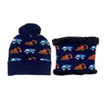 Kids navy knit hat and scarf set with excavator pattern and fluffy pom-pom detail - One Size / Navy Blue