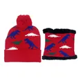 Set berretto e sciarpa in maglia rossa con dinosauri per bambini con pompon morbido - Taglia unica / Set Cappello E Sciarpa / Rosso