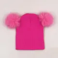 Winter girls' knit hat with warm faux fox fur double pom-poms in bright rose pink color - One Size / Rose Red
