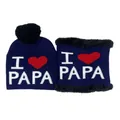 Kinder Strickmützen-Set in Marineblau mit I love PAPA Schriftzug und schwarzem Bommel - Einheitsgröße / PAPA Navyblau