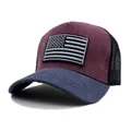Cappellino trucker da uomo con bandiera USA in cotone lavato per protezione solare - Regolabile / Corona Rosso Vino Visiera Blu Navy (Stile 1)