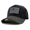 Dettaglio del cappello trucker con patch bandiera USA e rete traspirante in nero e grigio - Regolabile / Corona Nera Visiera Grigio Antracite (Stile 2)