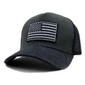 Dettaglio del cappellino grigio con patch bandiera USA e rete posteriore traspirante - Regolabile / Corona Grigio Scuro Rete Nera (Stile 4)