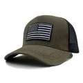 Close-up of olive green tactical trucker hat with USA flag patch and mesh back - Adjustable / Olive Green Crown Black Mesh (Style 6)