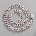 Hip hop Cuban link necklace with pink and white rhinestones on silver metal base - Pink and White Stone