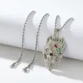 Pendaglio teschio hip hop con rosa rossa e cristalli bianchi su catena a fune - Pendente Argento + Catena a Corda da 60cm / Argento