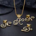 Macro detail of micro-paved zircon iced out crown letter pendants with gold rope chain - Crown Style Letter A / Gold (Includes 60cm Rope Chain)
