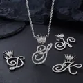 Macro detail of silver hip hop pendants with micro-paved zircons and crown motifs - Crown Style Letter A / Silver (Includes 60cm Rope Chain)