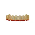 Macro detail of hip-hop grillz with pavé zircons and red enamel wave on gold-plated copper - Gold (Red Flame Bottom Teeth)
