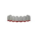 Macro shot of silver hip hop grillz with white zircons and unique red drip edge detail - Silver (Red Flame Bottom Teeth)