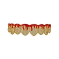 Close-up of hip hop gold grillz with red drip design and white cubic zirconia stones - Gold (Red Flame Top Teeth)