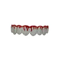 Close-up of hip hop silver grillz featuring iced out crystals and red dripping blood effect - Silver (Red Flame Top Teeth)