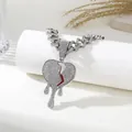 Hip hop iced out broken heart pendant with red crack on a thick Cuban link chain - Dripping Blood Heart Silver