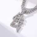 Silver-colored iced-out Cuban link necklace with a large crystal-encrusted Fu character pendant - Money Style (P80132S)