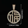 Golden hip-hop pendant featuring a sparkling crystal-encrusted Fu character design - Hollow Fortune Style (P80043G)
