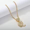 Gold tennis chain necklace with iced out heart and cursive letter L pendant - Gold Set Q