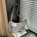 Silver metallic chain underarm bag with cracked texture leather and adjustable strap - Silver