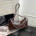 Retro dark brown oily leather hobo bag with silver chain detail for women - Brown