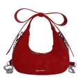 Red quilted crescent shoulder bag with bow detail and silver chain strap for women - Single Bag / Red