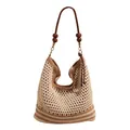 Borsa tote intrecciata bohémien con motivo a rete, perline in legno e tracolla in similpelle - Cachi Grande