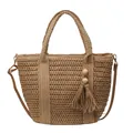 Grande borsa tote in paglia intrecciata con tracolla in pelle marrone e nappa - Marrone