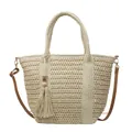 Borsa tote in paglia intrecciata beige con tracolla in pelle marrone e nappina per le vacanze - Bianco Sporco