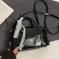 Elegant black patent leather pillow bag with white lace ribbon and crossbody strap - No Pendant / Black