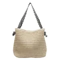 Bolso tote de paja blanco crema con correas geométricas para vacaciones de playa - Blanco Roto