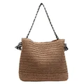 Bolso tote de paja con asas de rayas blancas y negras y lazos decorativos - Caqui