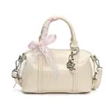 Creamy white Boston bag with pink lace ribbon and heart pendant in variant style - Silver Heart Charm / White