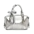 Silver Boston pillow handbag with checkered bow and heart charm in metallic finish - Silver Heart Charm / Silver