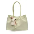 Minimalist light green woven tote bag with a cute plush charm for daily commuting - Westie Dog Charm / Green