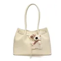 Minimalist beige woven tote bag with slim shoulder straps and a cute dog plush pendant - Westie Dog Charm / White
