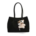 Elegant black woven tote bag with a cute white plush bear charm and shoulder strap - Westie Dog Charm / Black
