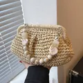 Sac nuage en paille tissée beige avec poignée décorative en perles d'acrylique marbré - Beige