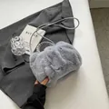 Grey faux fur crossbody bag with woven handle and slim shoulder strap for winter - Blue