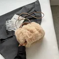 Beige faux fur tote bag with woven handle and slim shoulder strap for winter - Light Khaki