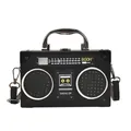 Creative retro radio shaped crossbody bag in black leather with silver hardware and top handle - Black
