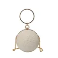 Sparkly sequin circular evening bag with golden ring handle and elegant chain strap - White