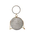 Spherical sequin evening bag with gold circular handle and crossbody chain strap - Silver