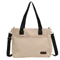 Beige canvas tote bag with black straps and detachable shoulder strap for commuting - Black