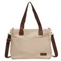 Beige canvas tote bag with brown straps and exterior pocket for daily commuting - Brown