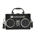 Creative retro radio shaped crossbody bag with vintage cassette print and silver handle - Black